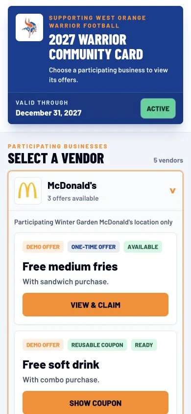 Warrior Community Card on an iPhone showing sample local business offers.