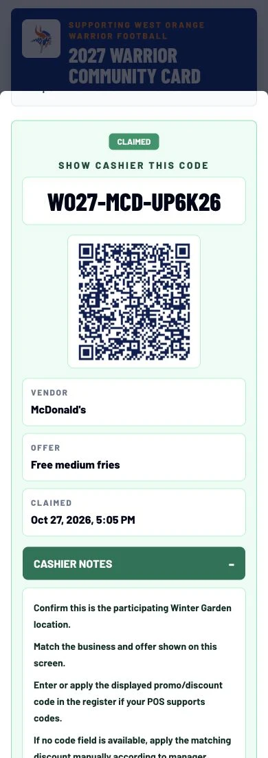 Warrior Card demo showing a claimed sample offer, QR code, timestamp and expanded Cashier Notes.
